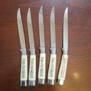 Set Of 5 Armack Stainless Steel Steak Knives With Ivory Handles & Decorative Acc